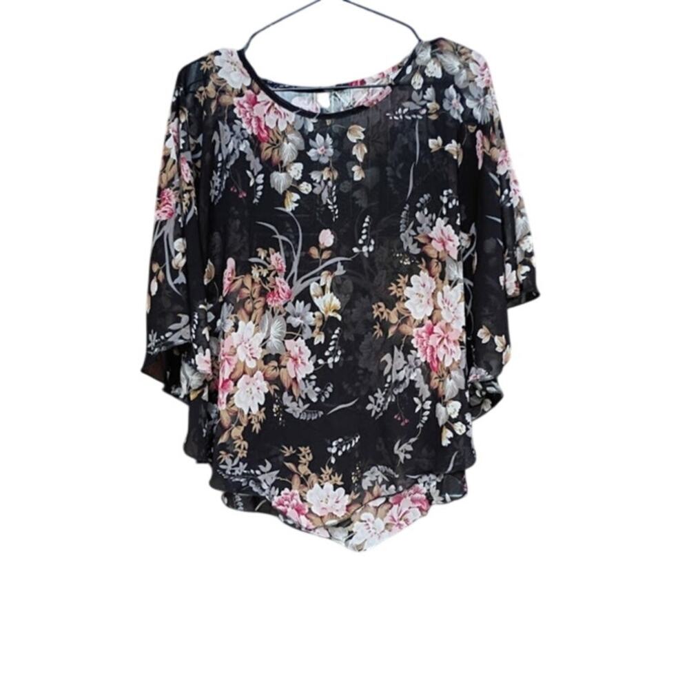 Sheer Chiffon Black Base Pink and White Floral Pattern Poncho Size XL